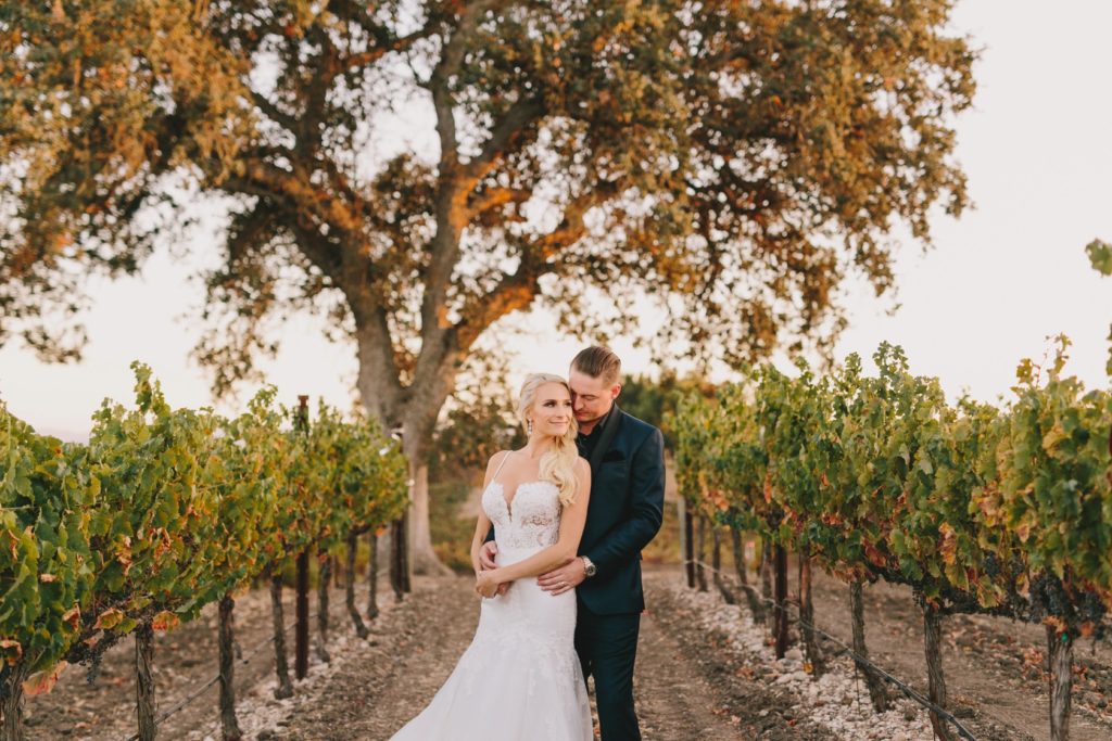 sunset portraits of bride and groom at a Terra Mia Fall Wedding