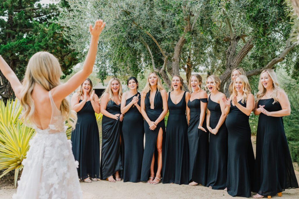 a bride shows her bridesmaids her dress at a Biddle Ranch Vineyards Wedding
