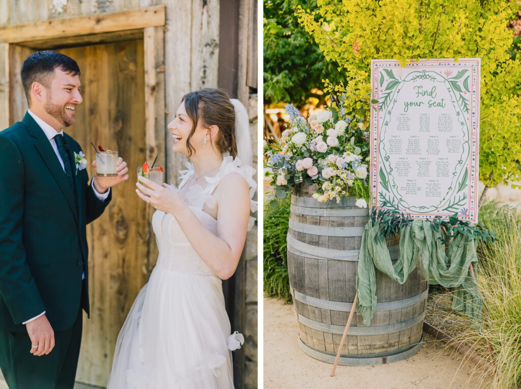 Bride and broom share a cocktail from Mixed Up events at a Terra Mia summer wedding