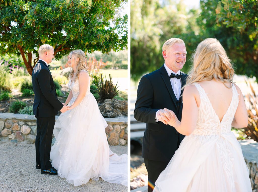 Bride and Groom first look at The White Barn